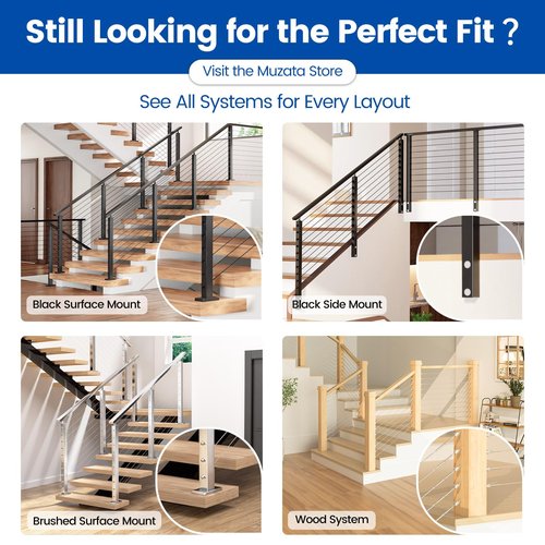 Muzata 10-15FT Modular Black Cable Railing Kit 36 Inch 3 Stair Post Kit Complete Set Cable Railing System for Stairs Length Adjustable Easy DIY with Paper User Guide (No Handrail) RWS1 BA4S