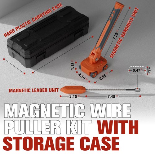 Magnetic Wire Puller for Electrical Wiring – Rare-Earth Magnets, Stainless-Steel Leader for Easy Cable Pulling in Walls & Tight Spaces, Doubles as Stud Finder, Includes High-Quality Hard Plastic Case