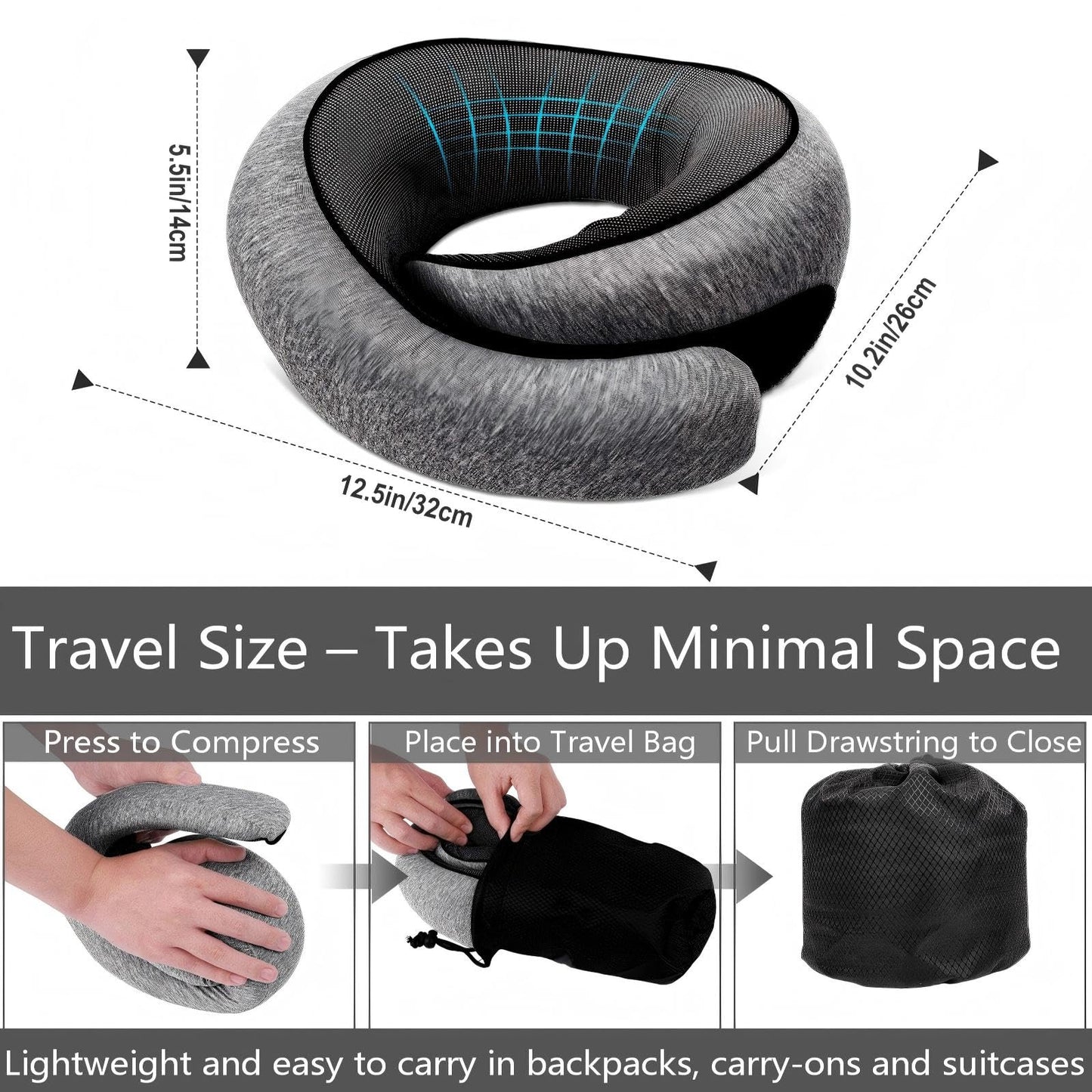 GongPath Travel Neck Pillow for Airplane, Memory Foam Neck Pillow with 360° Support, Adjustable Velcro, Breathable Washable Cover, Compact for Long Flights, Car, Train, Office, Light Grey(Dark Grey)