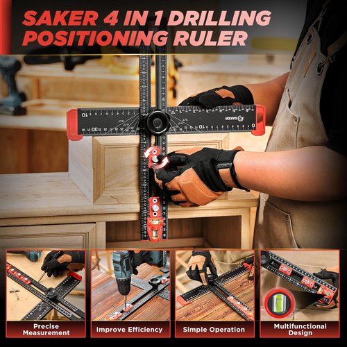 Saker 4-in-1 Drilling Positioning Ruler, Adjustable 13.78in Multifunctional T Square Ruler, Cabinet Hardware Jig, Marking Gauge Tools for Woodworking, Cabinet Drawer Door Hole Drilling Template