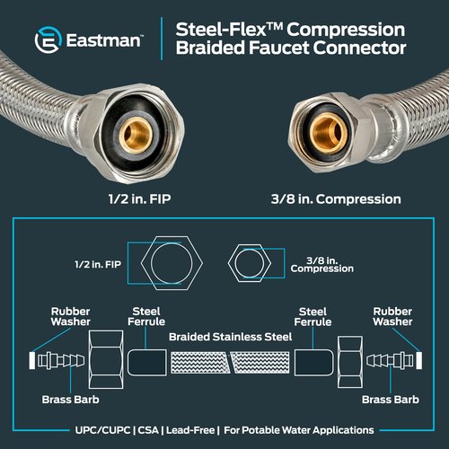 Eastman 12 inch Steel-Flex Braided Faucet Connector, 1/2 Inch FIP x 3/8 Inch Compression, Stainless Steel Faucet Supply Line, 48003