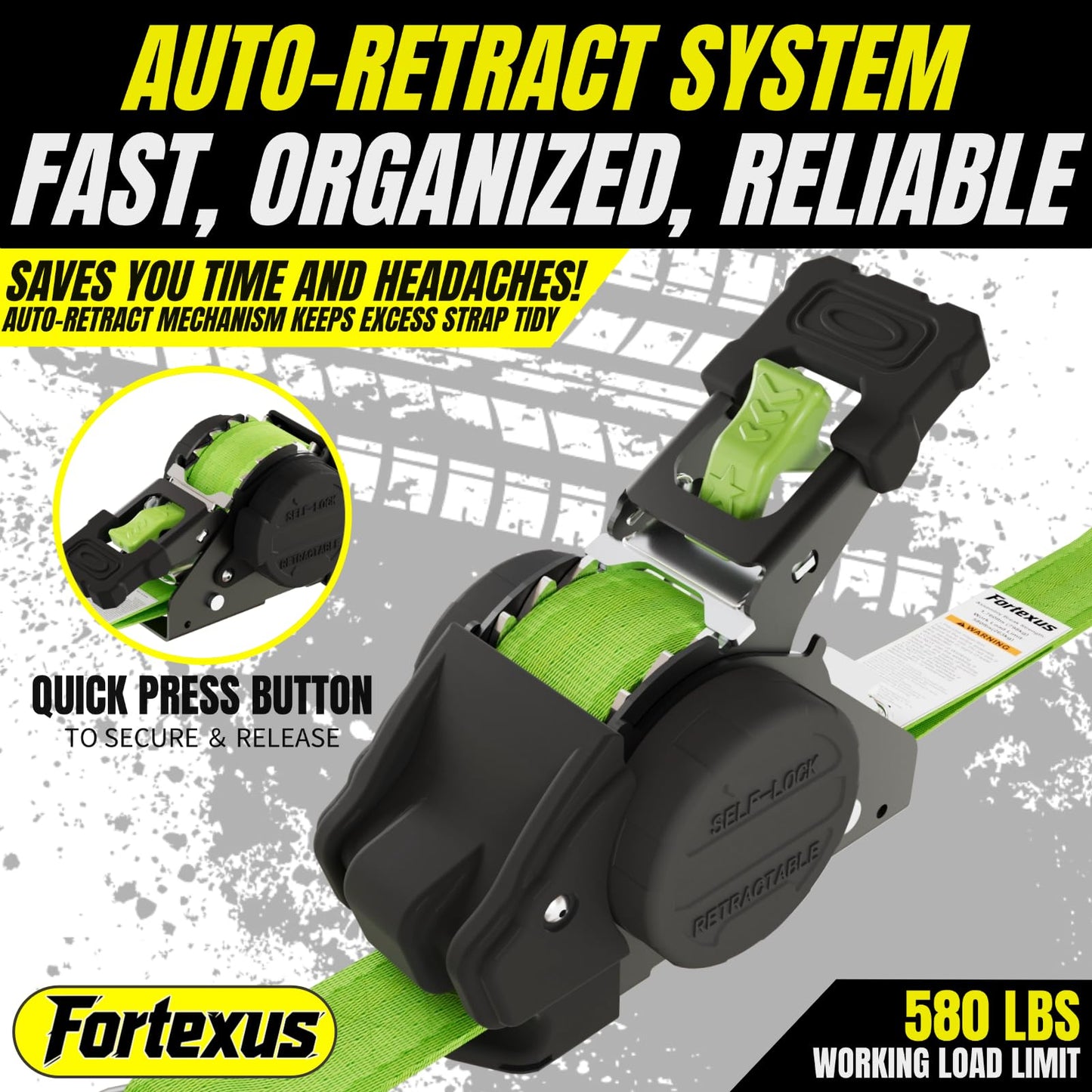 Fortexus Retractable Ratchet Straps,1'' x 12' Tie Downs Automatic Retractable Ratchet Straps 1760lb Break Strength for Trailer,Motorcycle,Scooter,Pickup Truck,UTV,Kayak(Neon Green,4 Pack)