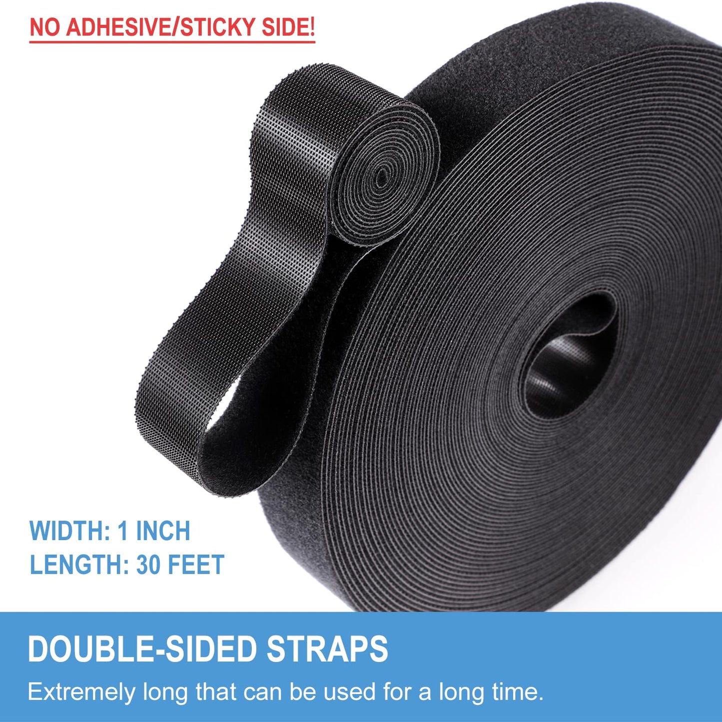 1 in x 30 ft Hook and Loop Roll | Double-Sided Strips, Self-Gripping Straps | Reusable Multi-Purpose Wrap Fasteners for Home, Office, Data Center, and More