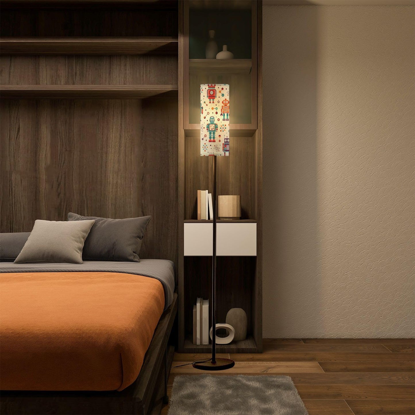 Modern Standing Lamps Vintage robots retro tin toys pattern Classic old school mechanical Floor Lamp Metal Pole Lamp with Linen Lampshade for Bedroom Living Room Office Nursery Reading Foot Switch