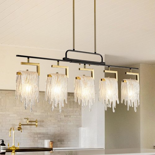 Dining Room Light Fixture/Chandelier Over Table, Modern 5-Light Black and Gold Pendant Lights Kitchen Island, Farmhouse Ceiling Pendant Light Fixtures, Hanging Linear Chandeliers, with Glass Shade