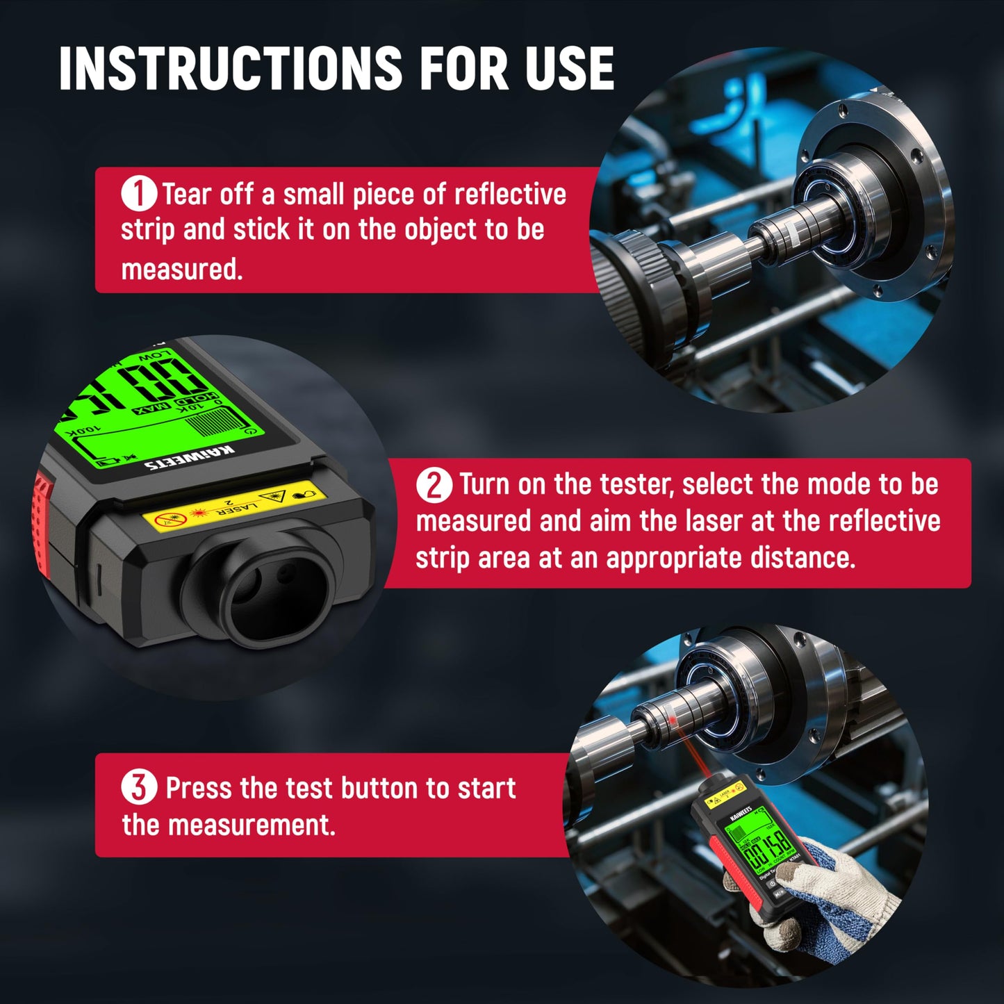 KAIWEETS Non Contact RPM Tachometer with Reflection Tape, 10-99999 RPM High Accuracy Laser Digital Tachometer with Large LCD, RPM Meter with Backlight, Data Hold, and Max/Min/AVG Function
