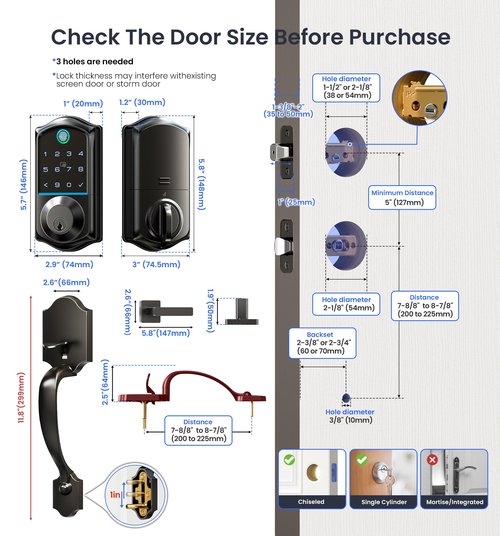 Veise VE017-H Fingerprint Smart Front Door Lock Set, App Control, Keyless Entry Deadbolt with Handle, Smart Deadbolt, Emergency Power Port, Touchscreen Keypad, Auto Lock, Easy Install, Matte Black