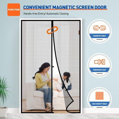 MAGZO Magnetic Screen Door Fit Door Size 72 x 80 Inch, Screen Size 74" x 81" Strong Magnet French Style Mesh, Fiberglass Heavy Duty Mesh with Hook & Loop for Sliding Entrance, Gray