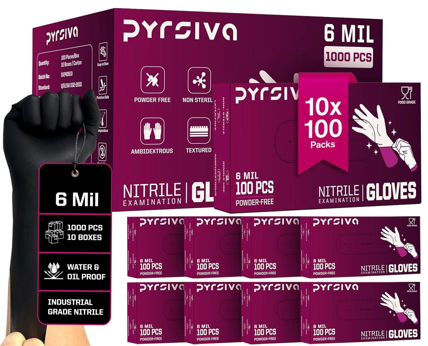 Pyrsiva 6Mil Black Nitrile Disposable Medical Exam Gloves - Heavy Duty 1000 PCS Gloves Powder-Free Latex-Free - Doctors, Nurses, Chefs, Mechanics, Cleaning, Food Prep & More