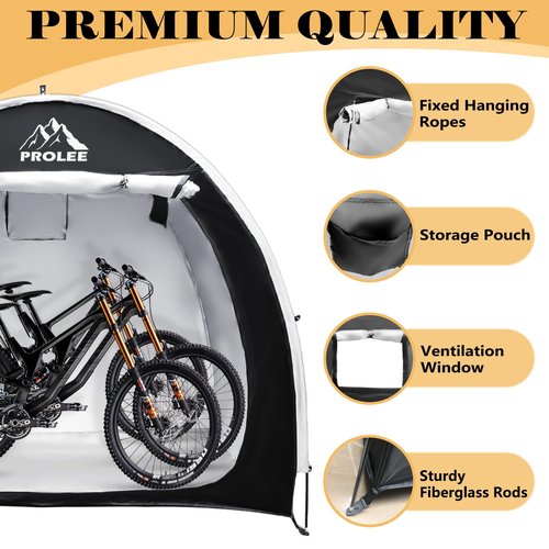 PROLEE Bike Shed 6.6FT, Waterproof Oxford Fabric Storage Tent for 2 Bikes, Outdoor Storage with Window Design, Black