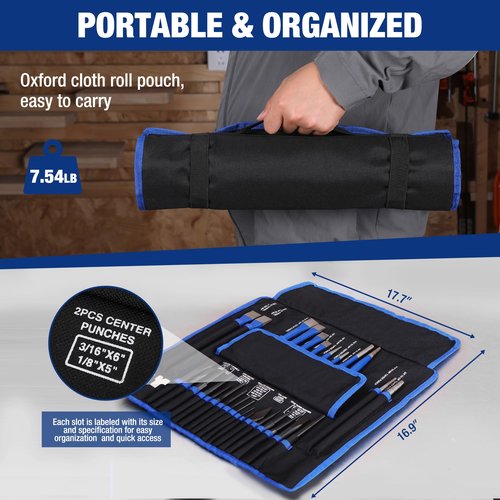 WORKPRO 30 PCS Heavy Duty Punch and Chisel Set with Roll Pouch, Cold & Cape Chisel, Center, Pin & Taper Punch, and Gauge, Blackened and Painted Finish for Durability