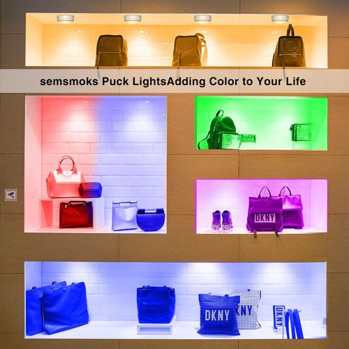 SEMSMOKS Puck Lights with Remote Control, Battery Operated LED Push Light Wireless, 13 Color RGB - for Closet, Bedroom Wall, Under Cabinet, Battery Powered Puck Lights. Convenient 3M Stick On, 6 Pack