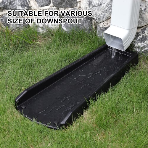 plusgutter Rain Gutter Downspout Splash Block, Gutter Downspout Extensions for Water Drainage, 24" Gutter Splash Guards Downspout Extender, Fixable Down spout Drain Trays with PE Nails(1 Pack, Black)