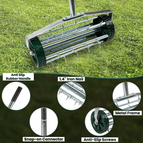 VireoNest 16'' Rolling Lawn Aerator,Heavy Duty Garden Aerator Roller Push Tine Soil Gardening Tool for Grass Maintenance,Soil Care Spike Aerator Roller with 56'' Handle