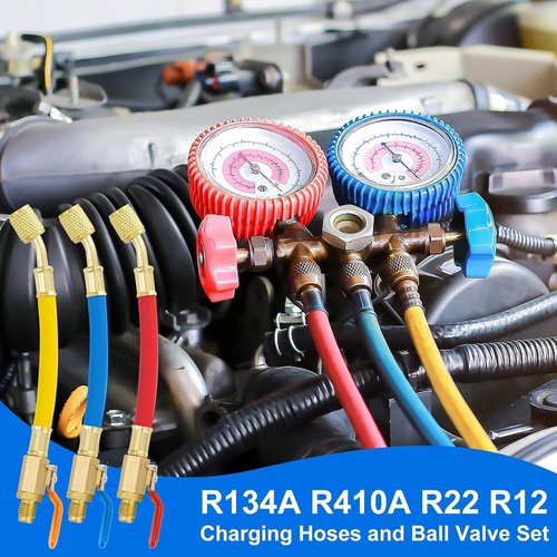 R134A R410A R22 R12 AC Charging Hoses, 7" Length Charging Hose Ball Valves, 3 Colored Coded Hose, HVAC Ball Valve Hoses Red and Blue 1/4 Male x 5/16 Female,Yellow 1/4 Male and Female