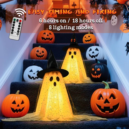 AYGXU 2pcs Halloween Decorations Indoor,Ghost Decor with String Lights Remote Control,Halloween Party Decorations,Spooky Ghost Light for Home Table Room Kitchen Office