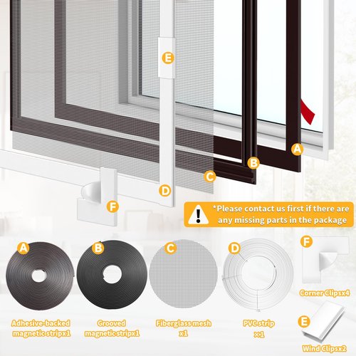 UtauHom Magnetic Window Screen, Adjustable DIY 40x59in Window Screen Replacement, White Frame Gray Fiberglass Mesh, No Drilling Easy Cut-to-Fit for Sliding/Swing/Top-Hung, Fits Wood/Iron/PVC Frames