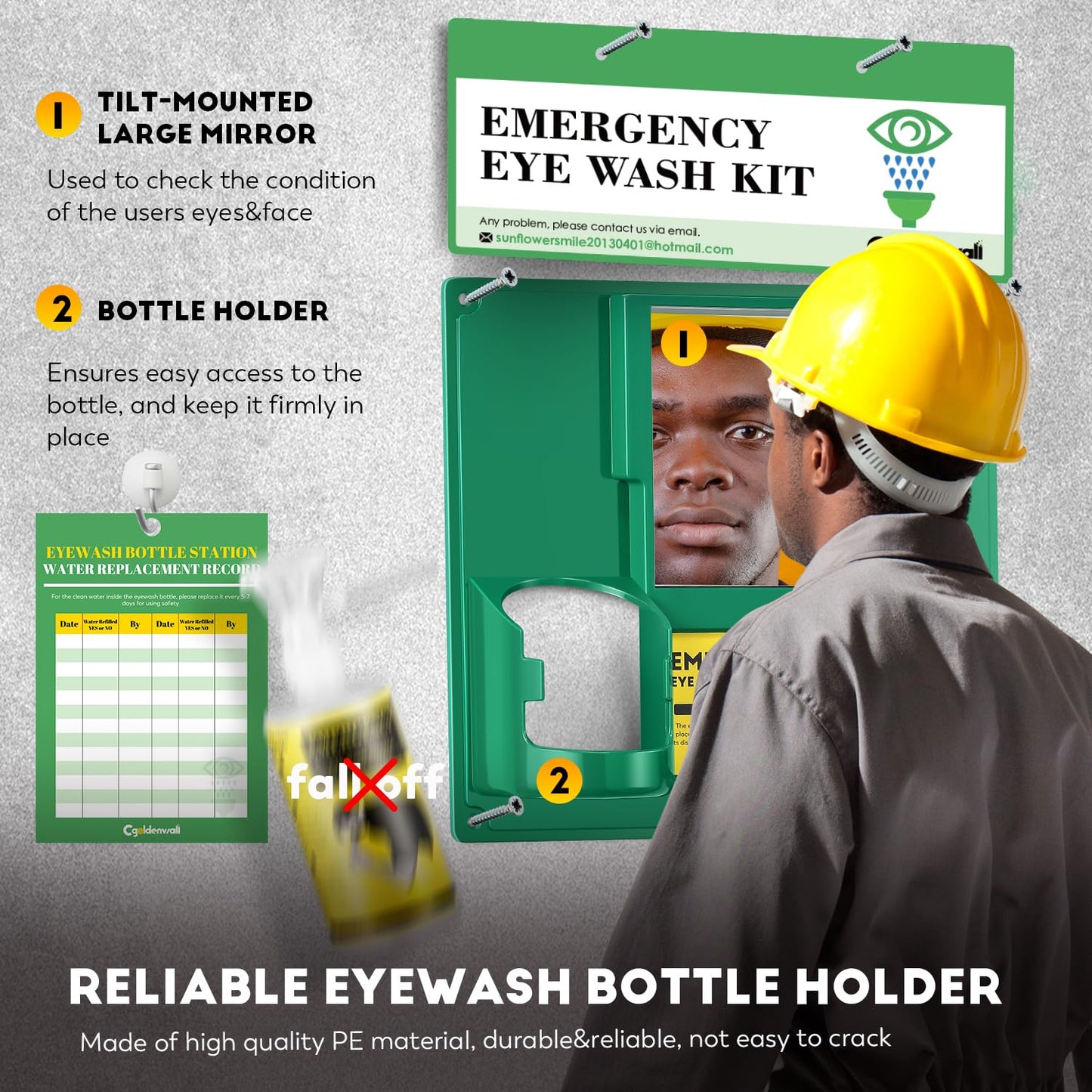 CGOLDENWALL Upgraded Portable Eye Wash Station OSHA Approved Emergency Eye Wash Kit, Sturdier Bottle Holder Larger Mirror, 2 * 16.9oz Empty Eyewash Bottles, NO Solution (White Cap)