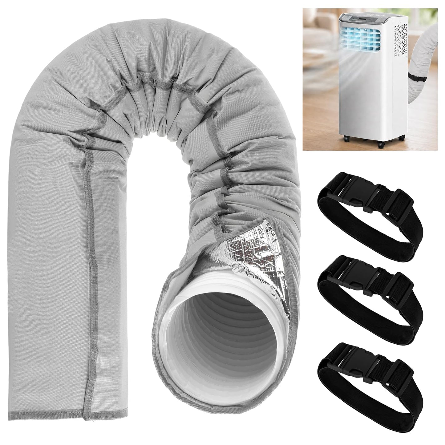 Conderyang Portable AC Hose Insulation Sleeve 60" × 22" Air Conditioner Hose Cover Wrap Fit 5" & 5.9" Diameter Triple Layer Insulation Flexible Duct Vent Cover with 3 Adjustable Buckle Bands, Gray