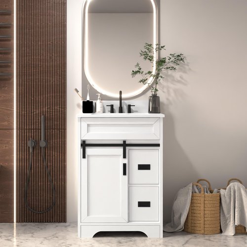 SmartEdge 24 Inch Farmhouse Bathroom Vanity with Sink Combo, White with Sliding Barn Doors and 2 Drawers, Freestanding Bathroom Cabinet, Single Bath Storage Vanity Ceramic Sink, White