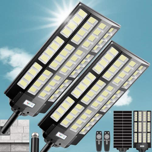 10000W Solar Street Lights Outdoor: Commercial Solar Parking Lot Lights with Motion Sensor and Remote Control, IP66 Waterproof, Wide Angle Dusk to Dawn Outdoor Lighting, Large Dimension, 2 Pack