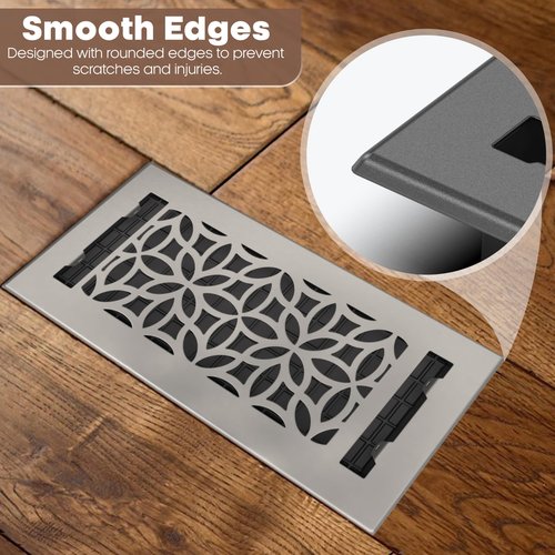 Floor Register 4x10 Vent Cover – 2 Pack – Heavy-Duty Steel, Rustproof & Walkable Grates, Easy Drop-in Install, Adjustable Air Supply Switch - Decorative Floral Design, Brushed Nickel