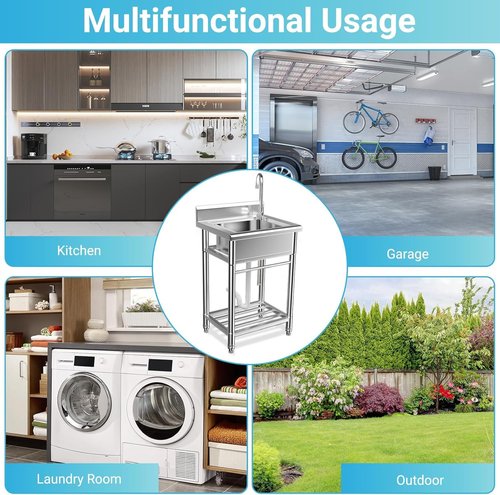 Lafati Stainless Steel Utility Sink - Single Bowl Free Standing Kitchen Sink NSF Certificated with Cold and Hot Water for Farmhouse, Bathroom, Bar, Laundry Room (23 Inch)