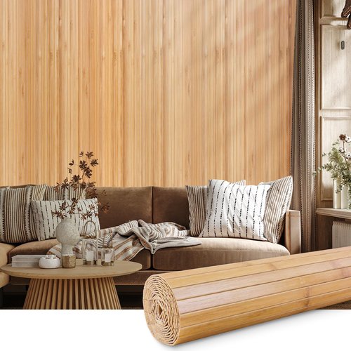 Bamboo Wall Panel for Interior Decoration Bamboo Pole Wrap Roll Natural Wainscoting Paneling Decorative Wall Slat Covering for Living Room, Kitchen, Bedroom, Office (16 Inch x 96 Inch, Carbonized)