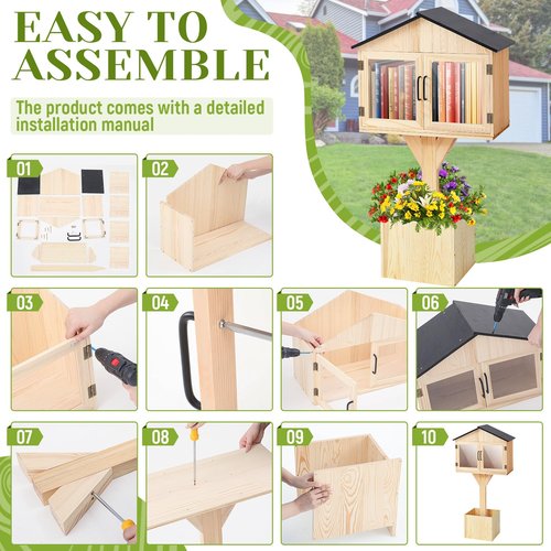 Wonderjune Wooden Little Library Box Outdoor Free Library, Large Size, Double Door Box Storage with Floor Plugs and Small Flower Fence for DIY Neighborhoods, Community, Literature, Newspapers