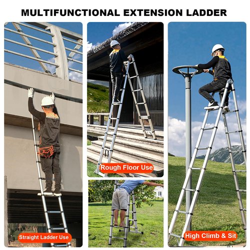 8.2ft+8.2ft Aluminum Telescoping Extension Ladder 330lbs Max Load Portable Multi-Purpose Extension A-Frame Ladder for Indoors Outdoors with Stabilisator Bar, Closed Height 34in, EN 313, Silver