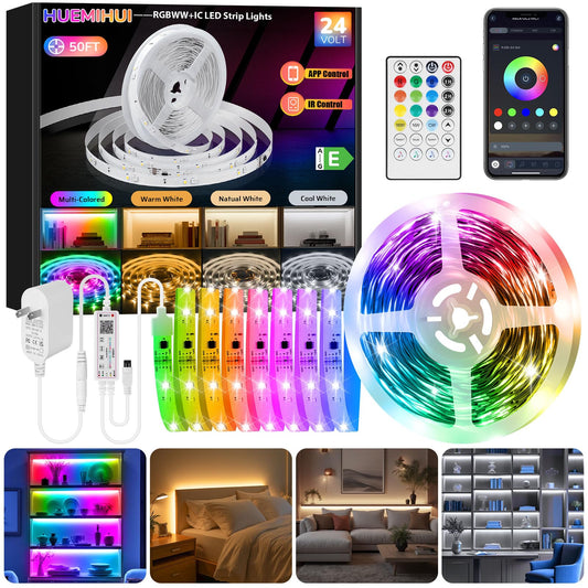 RGBWW+IC LED Strip Lights 50Ft, Dimmable Multi-Colored+3000K-6500K LED Lights with Remote and APP, Flexible Self-adhesive Color Changing LED Tape Lights, 24V Cuttable DIY Strip Lighting for Home Stair