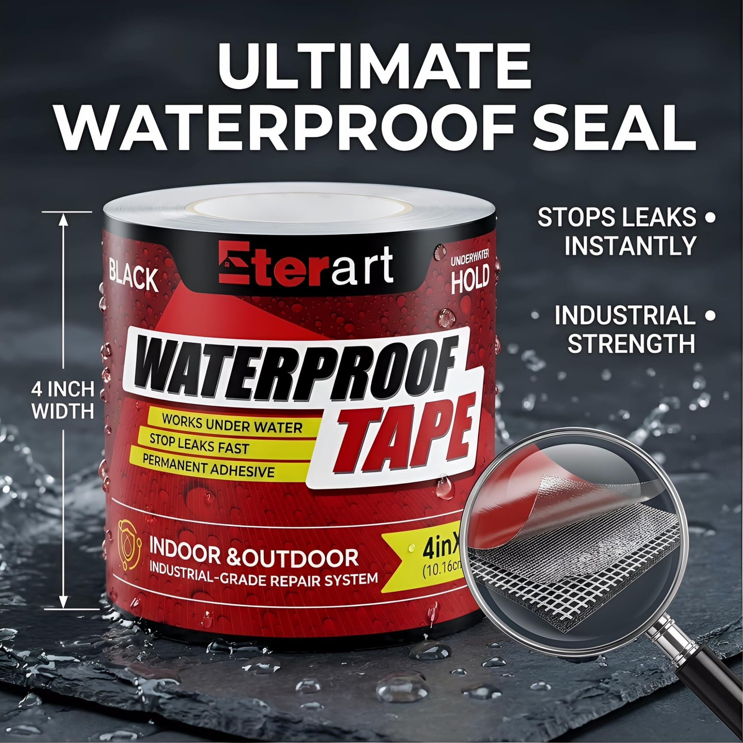 Waterproof Tape Black 4 Inch x 10 FT - Heavy Duty Rubberized Seal Repair for Active Leaks - Fix Roofs, Underwater Pool Liners & Pipes - All-Weather Emergency Patch Tool for Homeowners & Campers