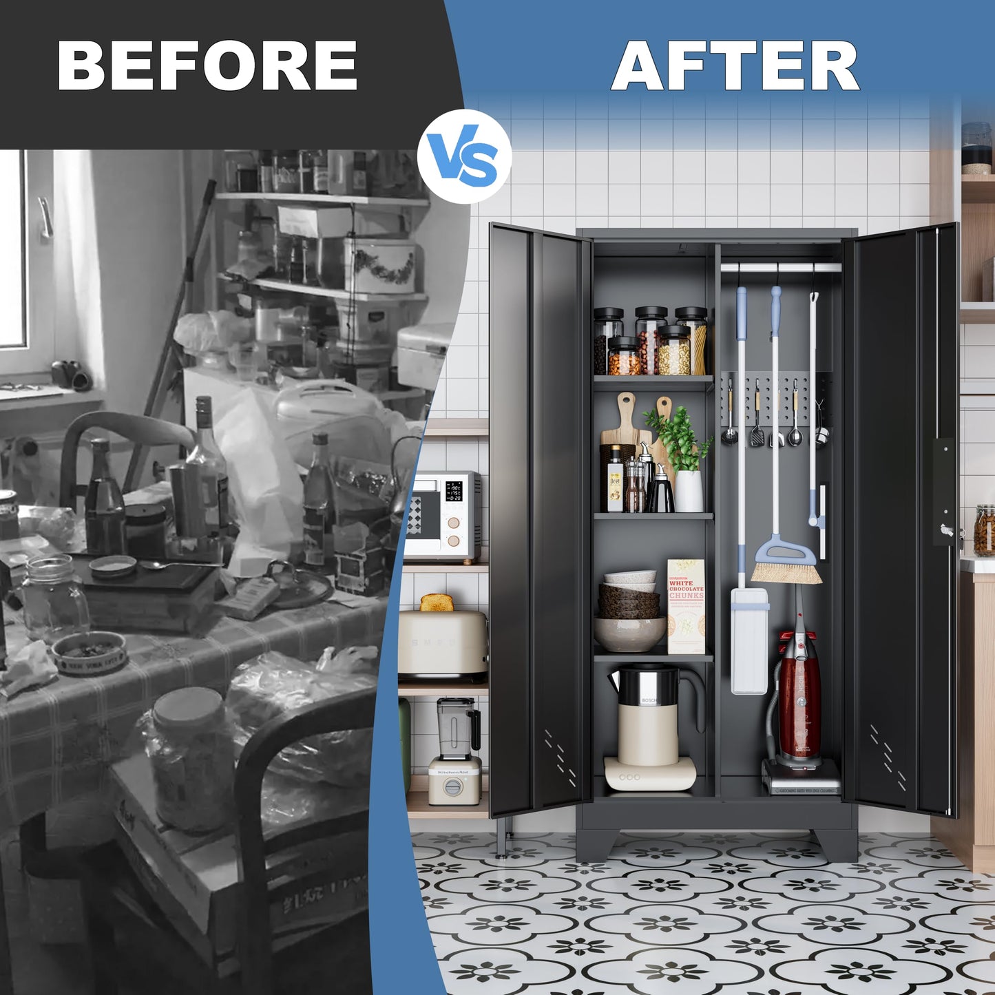 VASAAOSD 61" Broom Closet Storage Cabinet, Metal Storage Cabinet with Doors, Utility Cabinets for Brooms and Mops, Cleaning Tool Cabinets for Garage, Laundry Room, Bathroom