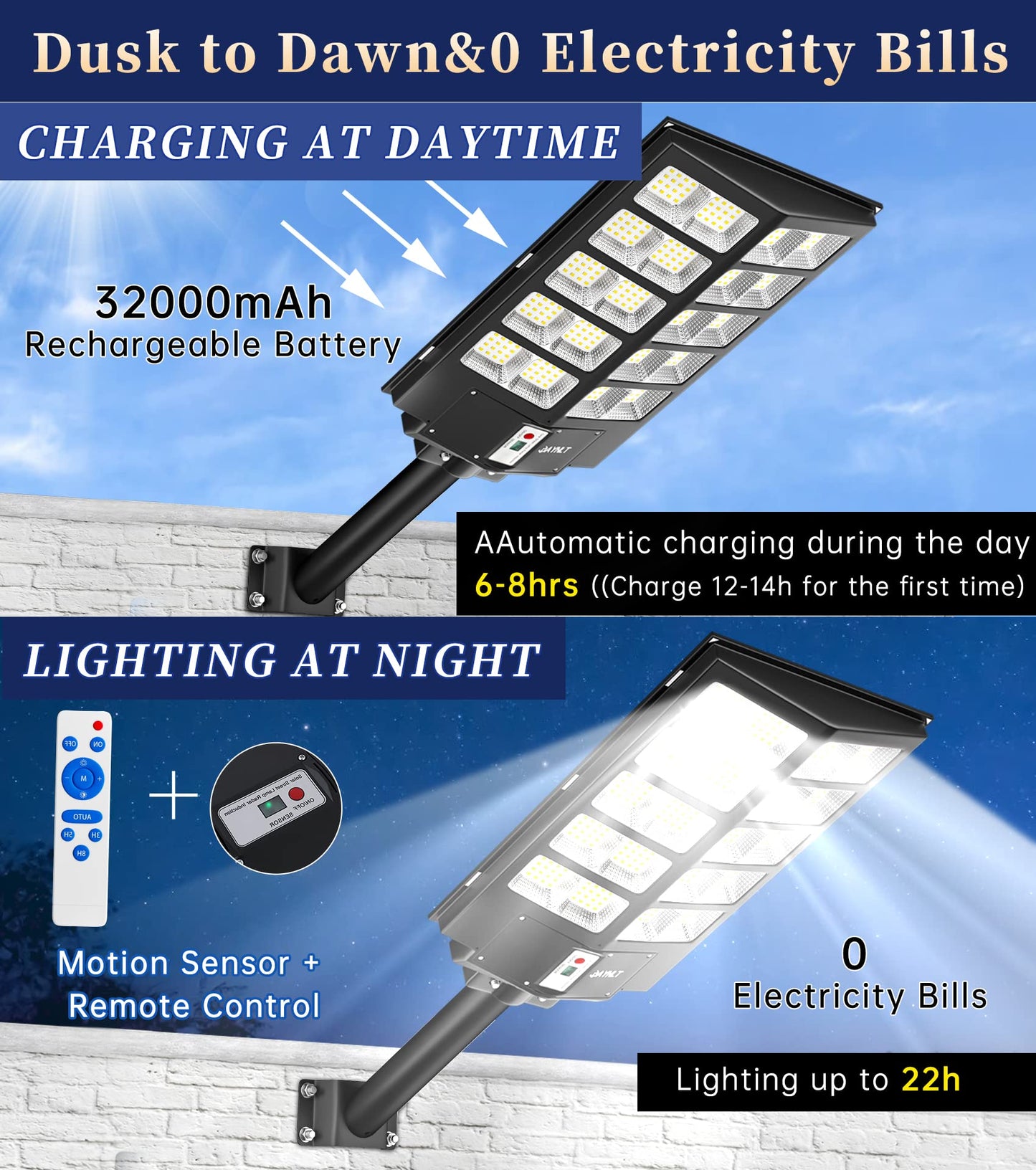 JAYNLT Y-5200W Solar Street Lights Outdoor,520000LM 6500K Commercial Parking Lot Lights Dusk to Dawn, Waterproof Solar Security Flood Lamps with Motion Sensor and Remote for Yard, Garage, Driveway