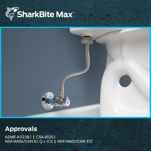SharkBite Max 12 In. Stainless Steel Braided Toilet Connector with Angle Stop Valve, 1/2 Inch PTC x 7/8 Inch Ballcock, PEX Pipe, Copper, CPVC, PE-RT, HDPE, UR24656