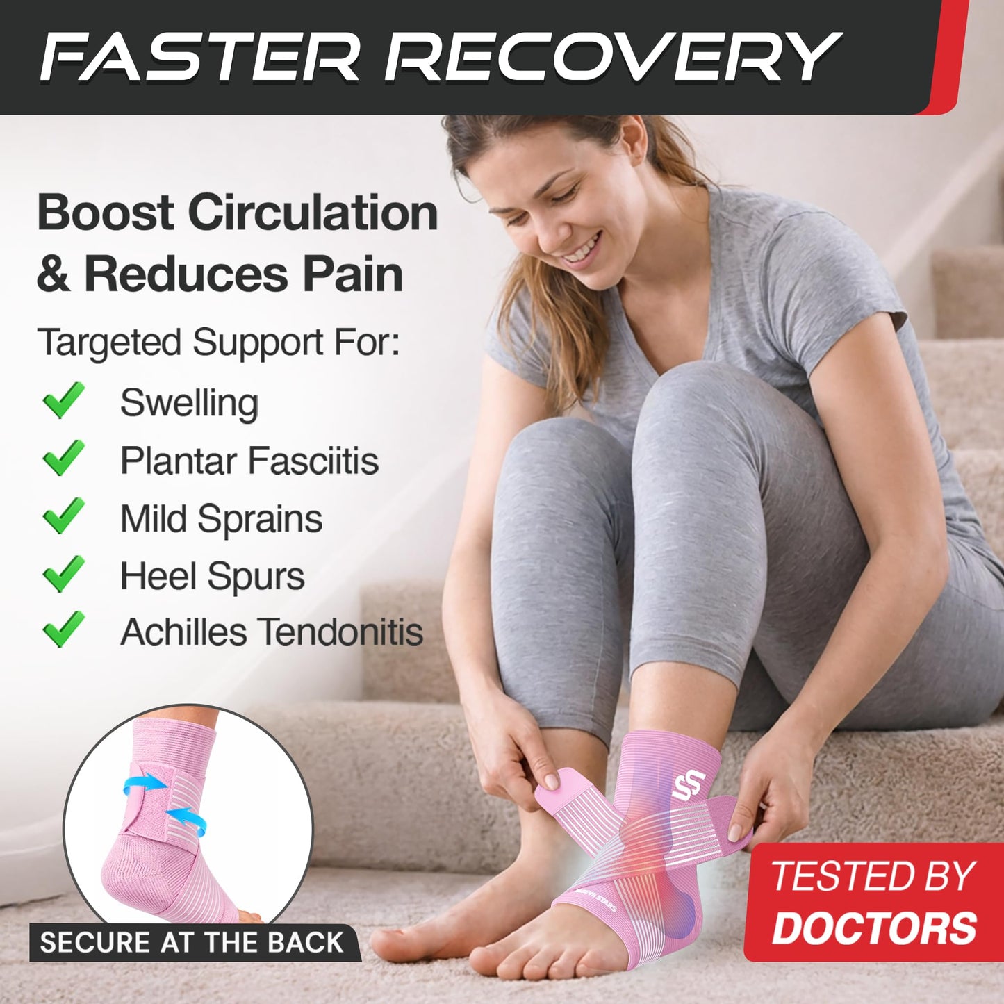 Sleeve Stars Ankle Brace for Women & Men, Ankle Wrap for Sprained Ankle, Compression Sleeve for Plantar Fasciitis Relief, Easy Customizable Support: w/Removable Strap (Single/S:9"-10"/Baby Pink)
