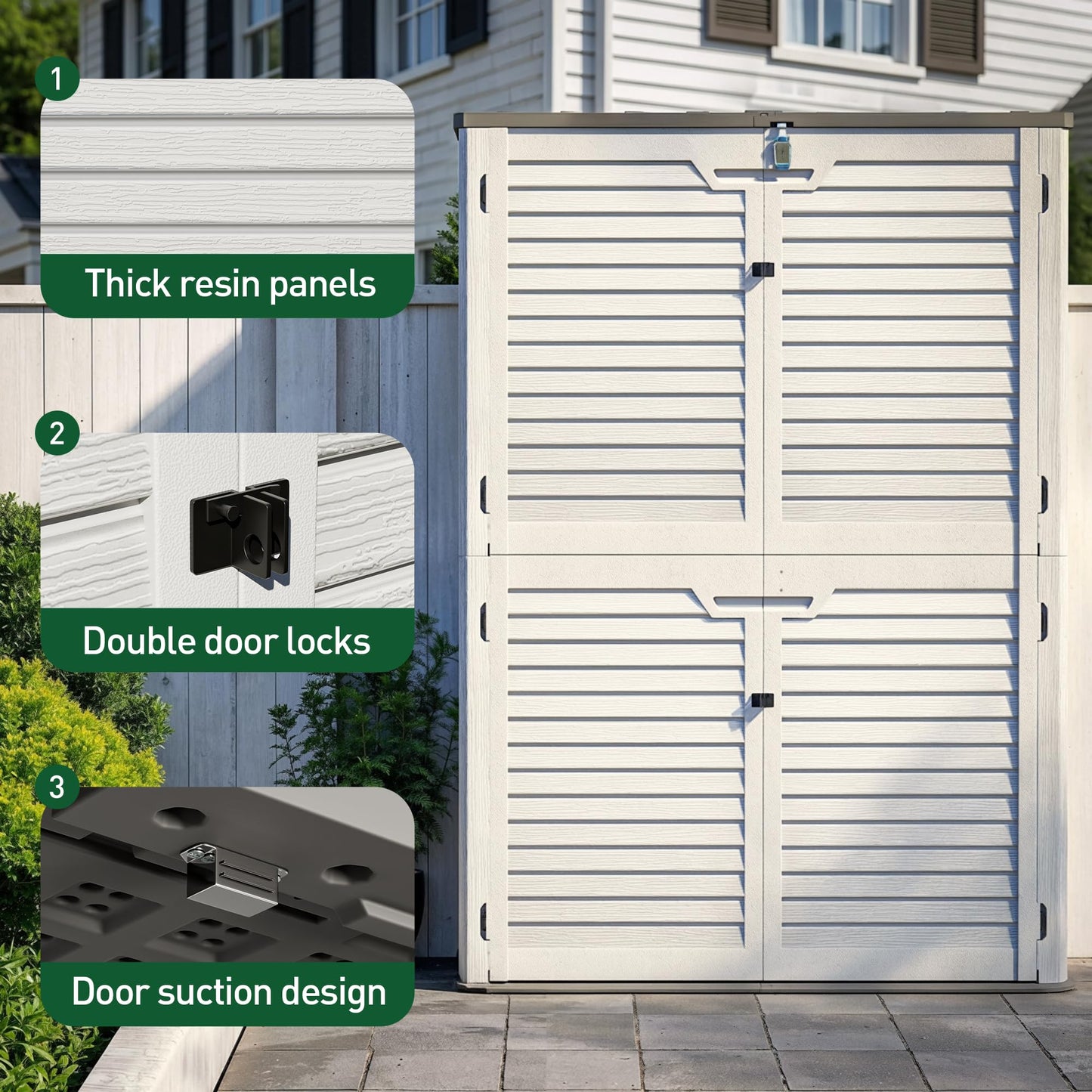 WillowLume 65 Cu.Ft Outdoor Storage Shed, Lockable Outdoor Vertical Resin Storage Cabinet with Floor, All-Weather Waterproof Shed for Garden, Backyard, Pool (65 cu ft - 2 Shelves)