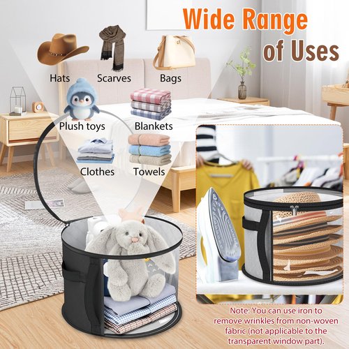 lahnao 2PCS Oversized Clear Hat Storage Bag for Women 16.5 x 10.4Inch, Round Foldable Cowboy Hat Box with Carrying Handles, Hats Box for Travel Holds up to 7 Caps (Black, Grey)