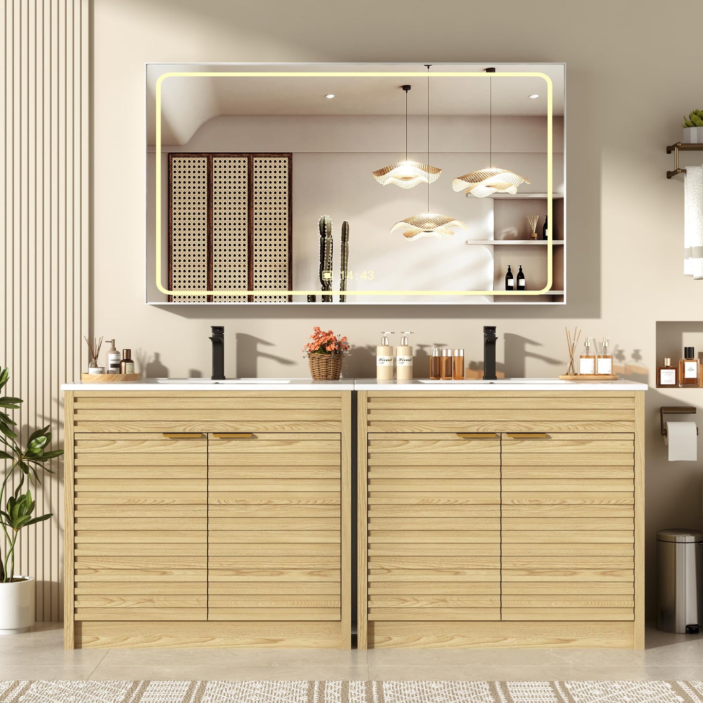 Squireewo 36 Inch Bathroom Vanity with Sink, Mid-Century Modern Bathroom Vanity with Storage Cabinet, Freestanding Bathroom Cabinet with Door Shelves and Faucet, Light Oak