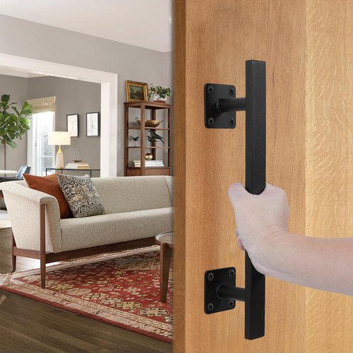 Purife 12'' Black Square Heavy Duty Metal Barn Door Handles and Pulls Pack of 2, Outdoor Fence Shed Gate Handle, Rustic Farm Garage Door Handles, Interior Closet Door Pulls