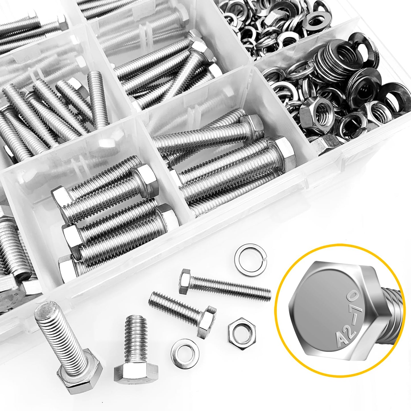 Mywish 448PCS M5 M6 M8 Screw Set, Metric Bolt Assortment, 304 Stainless Steel, Nuts and Bolts Set Flat & Spring Washers, Hex Head Cap Screws Bolts and Nuts Kit, Fully Thread
