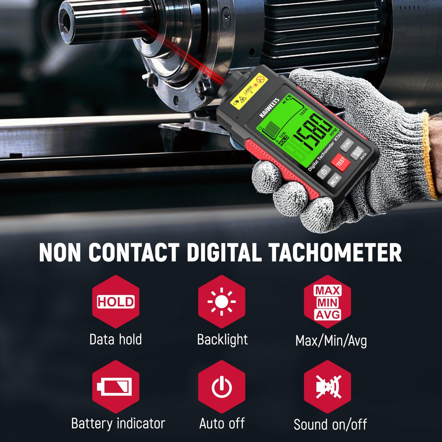 KAIWEETS Non Contact RPM Tachometer with Reflection Tape, 10-99999 RPM High Accuracy Laser Digital Tachometer with Large LCD, RPM Meter with Backlight, Data Hold, and Max/Min/AVG Function