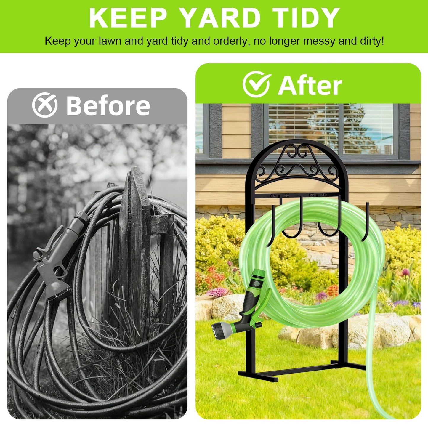 Freexployer Garden Hose Holder, Hose Holder Stand Rustproof Freestanding Heavy-Duty with Sturdy Metal Hose Stand and Hanger, Hoses Storage Holds 100Ft Hose Reel for Outside Yard