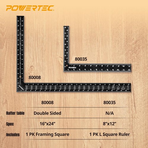 POWERTEC Carpenter Square Set, 16"x24" Framing Square w/Rafter Tables (1PK) & 8"x12" Square Ruler with Imperial & Metric Graduations (1PK) for Woodworking, Construction, Arts & Crafts (80037)