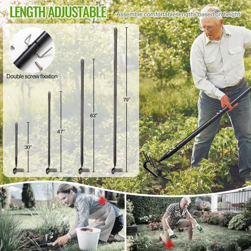 MASYHLEST Garden Hoe, Heavy Duty Stirrup Hoe with 30-63" Adjustable Long Handle, Hula Hoe Garden Tool for Weeding, Double Action Scuffle Loop Hoe with Cultivator Rake for Loosening Soil for Gardening