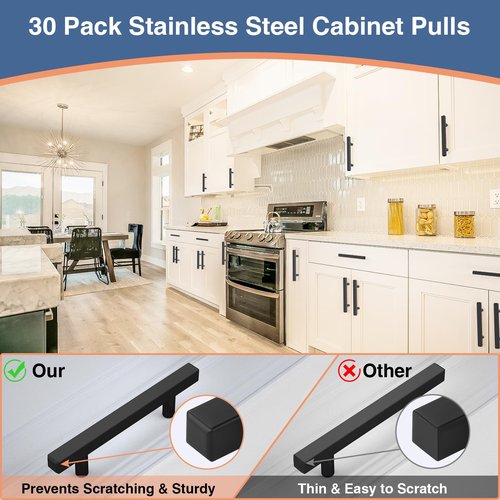 AEEKEL 30 Pack Square Cabinet Handles Matte Black Drawer Pulls 5" Length, 3" Hole Center Kitchen Handles for Cabinets Pulls, Stainless Steel Cabinet Hardware for Bedroom Bathroom Office