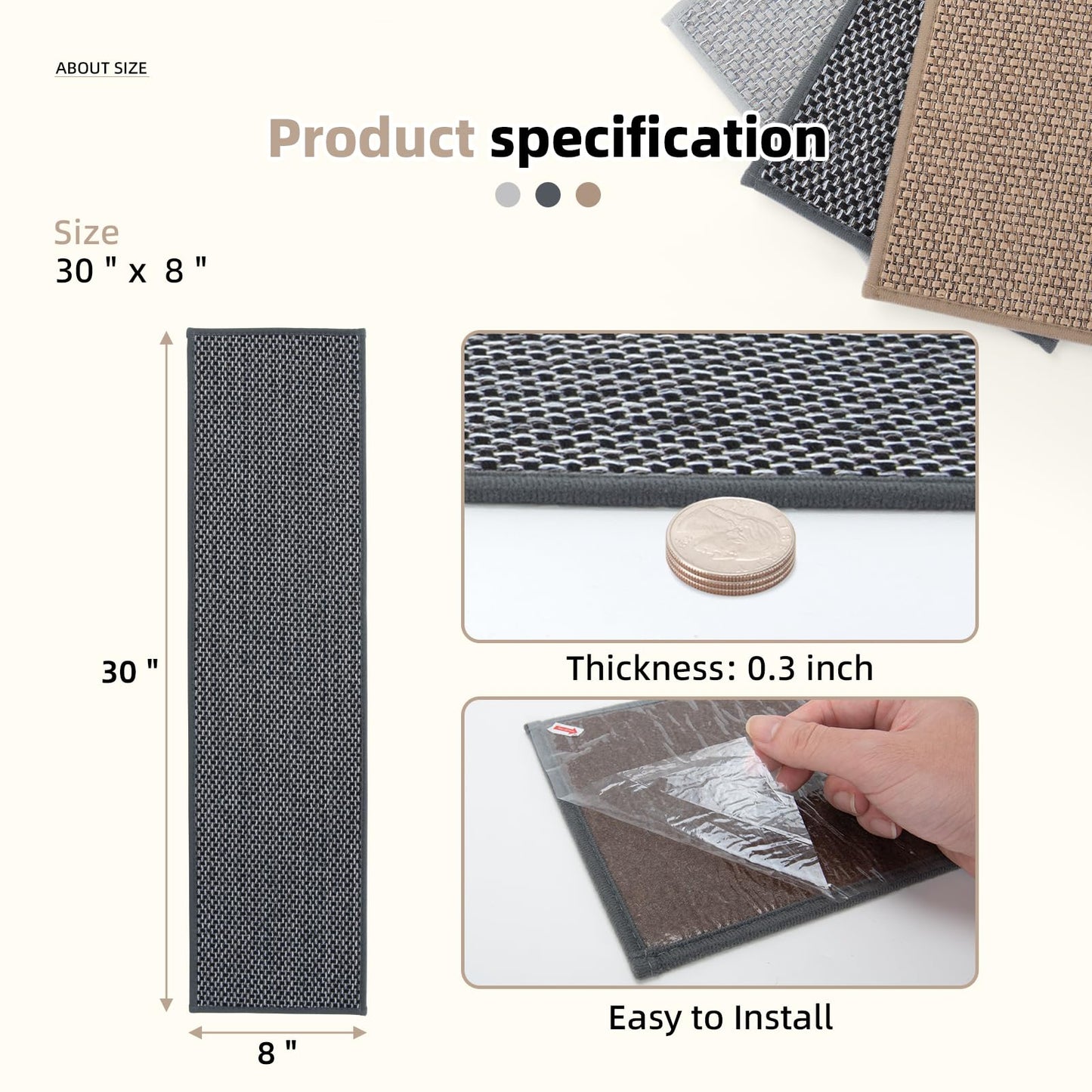 Art3d Stair Treads for Wooden Steps 15Pcs, 8" X 30" X 0.3" Non Slip Stair Runner Rugs with Reusable Adhesive for Elders Kids and Dogs, Machine Washable Peel and Stick Stair Treads Carpet, Black