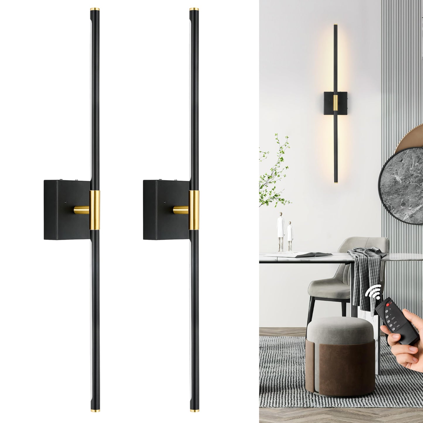 Morauroral Battery Operated Wall Sconces Set of 2, Dimmable Battery Wall Sconce with Remote Control, Black Gold LED Rechargeable Sconces, 24 Inch Modern Wireless Wall Lights for Bedroom, Living Room