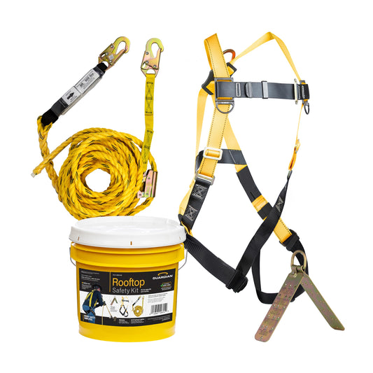 Guardian 00815 Rooftop Safety Kit - 50 ft Vertical Lifeline Assembly | Reusable Temper Anchor | Full Body Harness | Yellow Storage Bucket