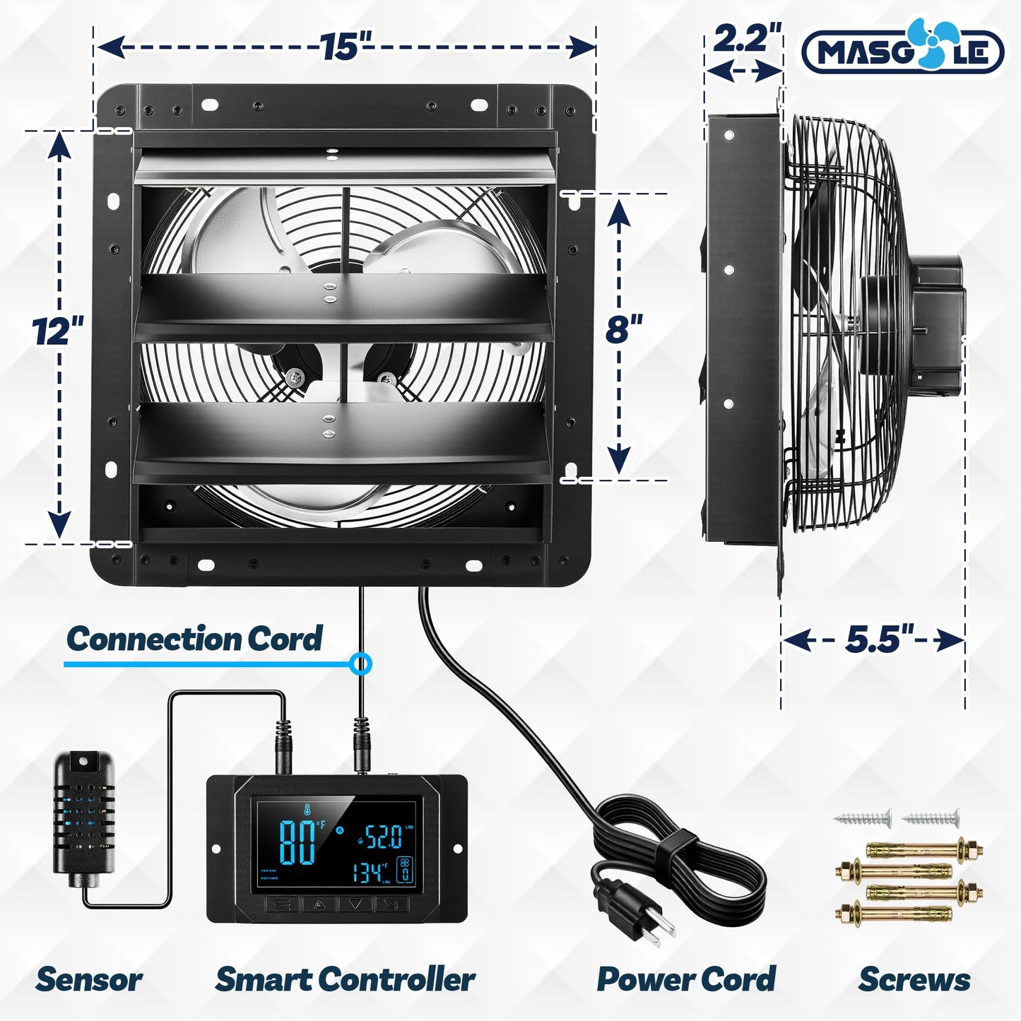Masgole 12" Shutter Exhaust Fan with Thermostat, DC Motor, Attic Fan with Humidity Sensor, Low Noise, Wall Mount Ventilation and Cooling for Sheds, Attics, Workshops, Black